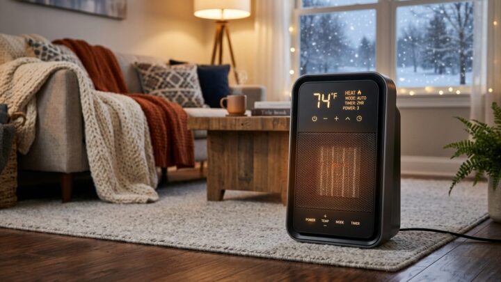 Moderne elektrisk varmeovn med digitalt display placeret i et stuehjørne