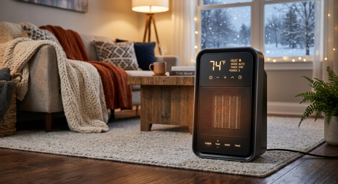 Moderne elektrisk varmeovn med digitalt display placeret i et stuehjørne