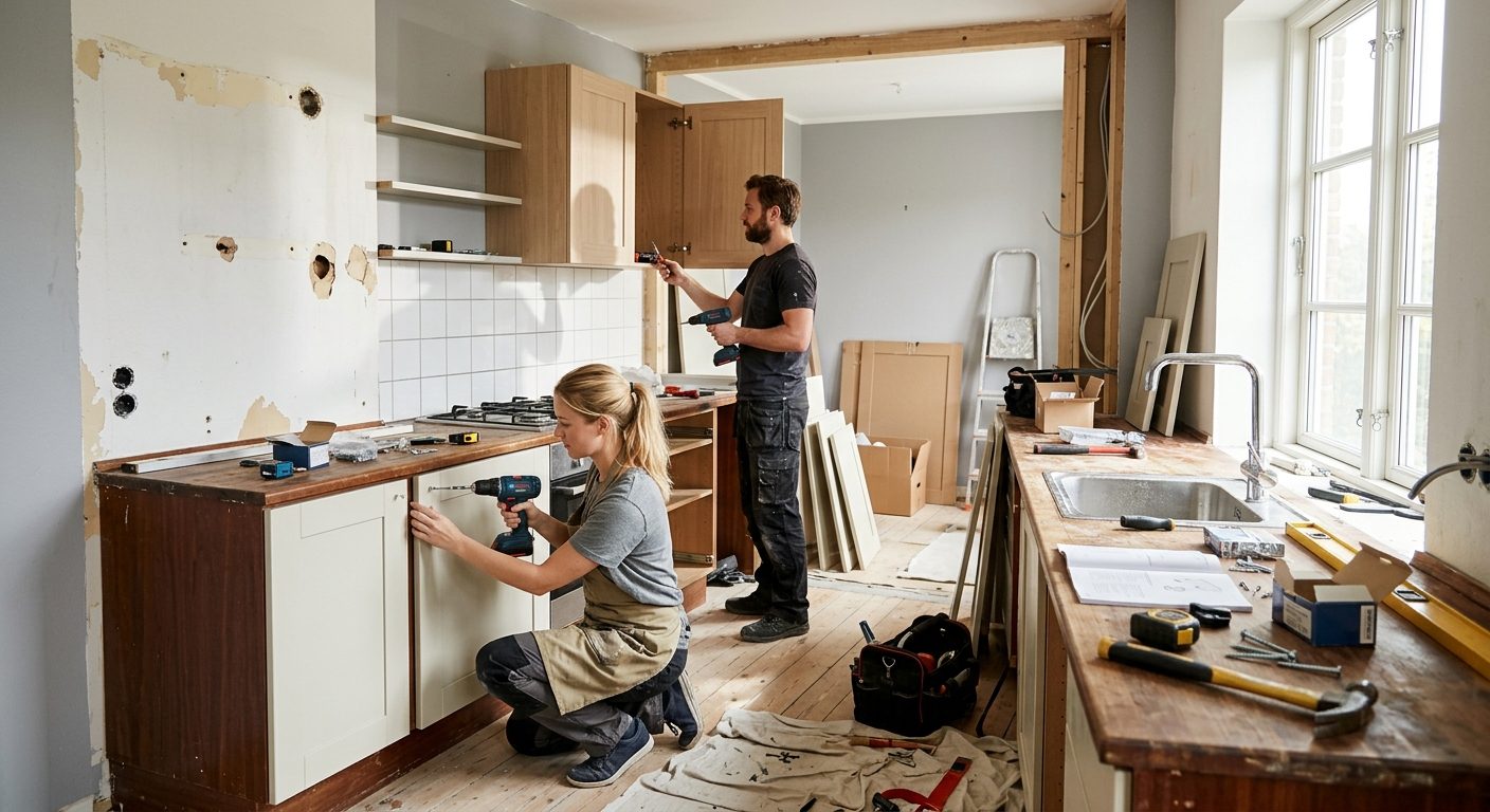 Dansk køkken under renovering på budget med nye låger og bordplade