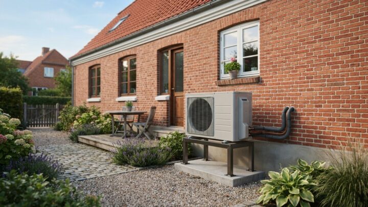 Varmepumpe monteret udenfor et dansk parcelhus som eksempel på investering i varmepumpe tilbagebetalingstid