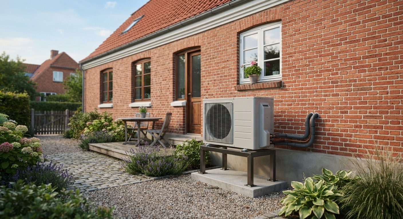 Varmepumpe monteret udenfor et dansk parcelhus som eksempel på investering i varmepumpe tilbagebetalingstid