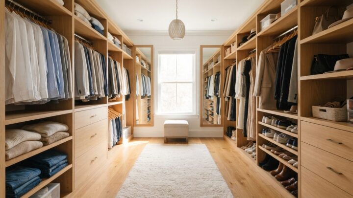 Lyst og velorganiseret walk-in closet med reoler og tøjstænger