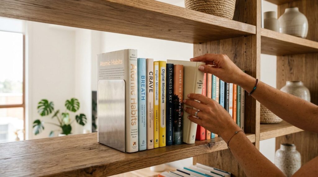 Close-up lifestyle photography of hands organizing books on 