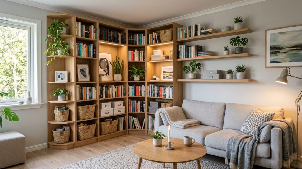 Wide angle photograph of a well-organized bookshelf in a coz