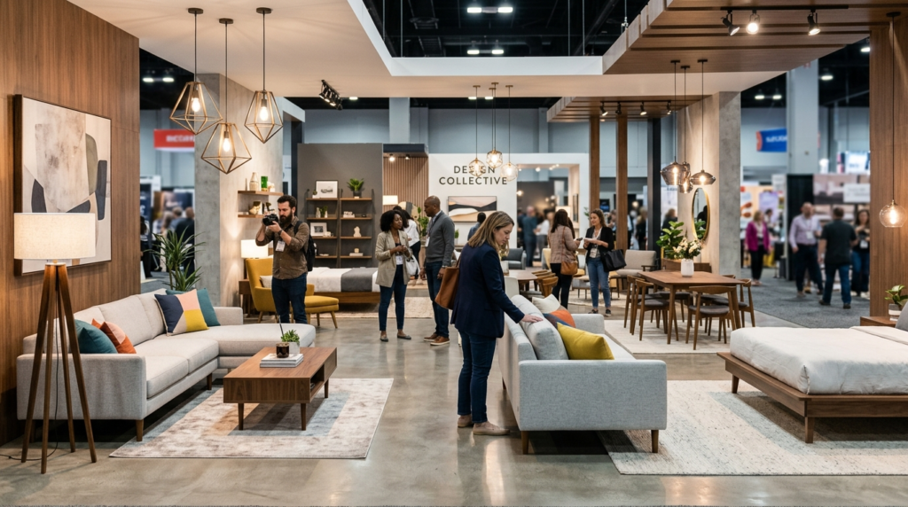 Interior view of a contemporary furniture exhibition booth a