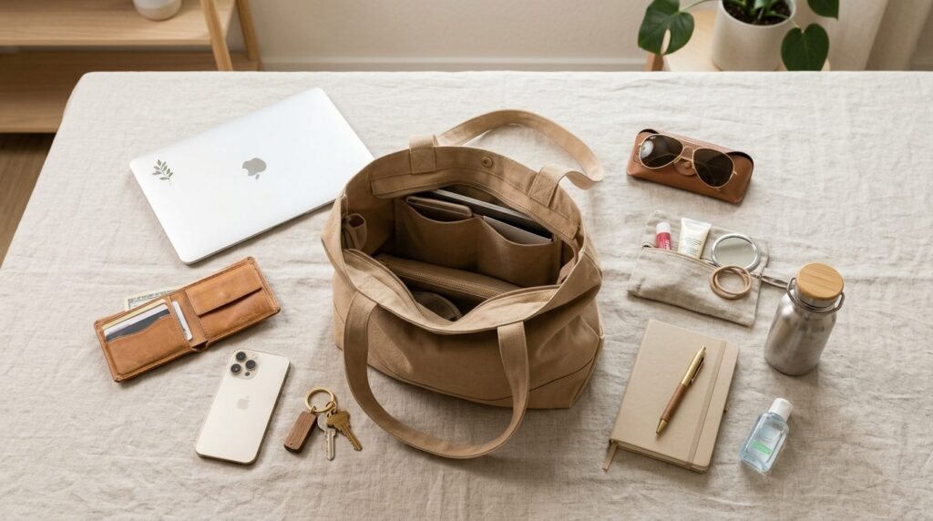 Flat lay composition of a womans everyday essentials organi