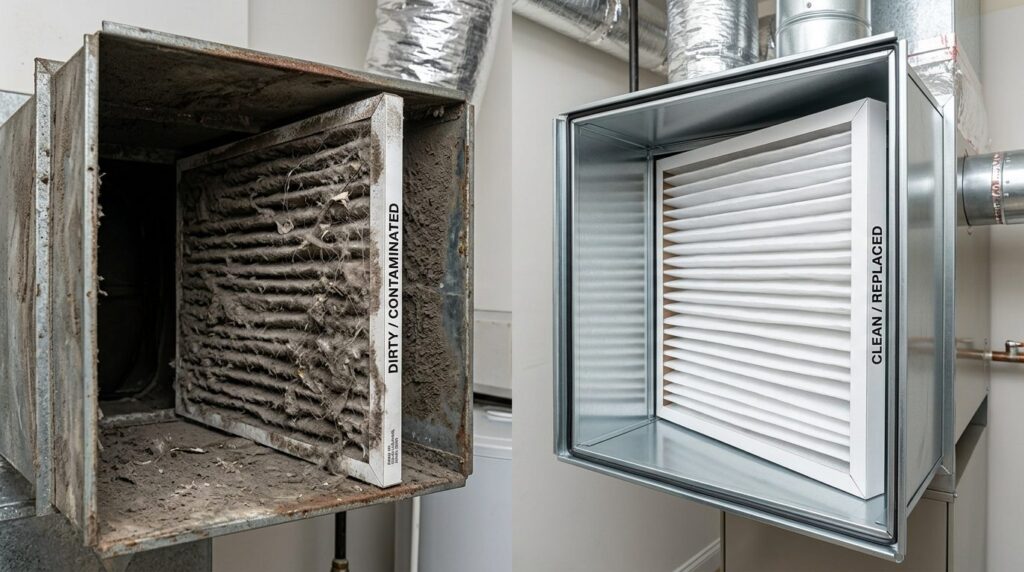 Cross-section view of dirty versus clean ventilation duct fi