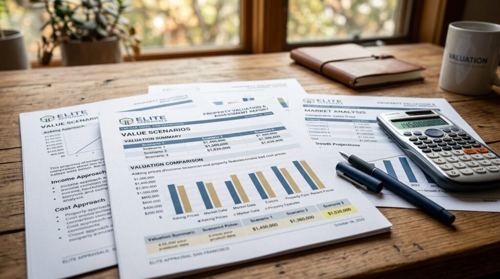 Close-up of property valuation documents and assessment repo