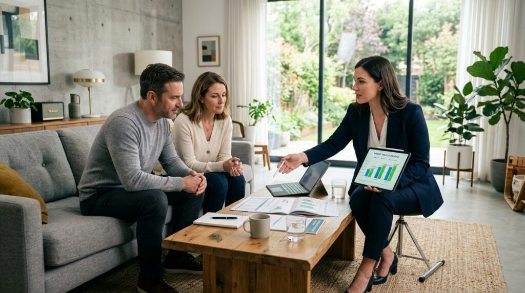 Real estate professional presenting property valuation findi