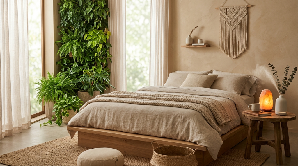 Holistic wellness bedroom retreat with earth-tone interior d
