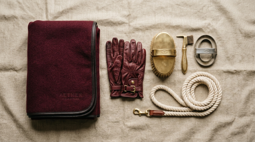 Styled flat lay composition of premium equestrian accessorie
