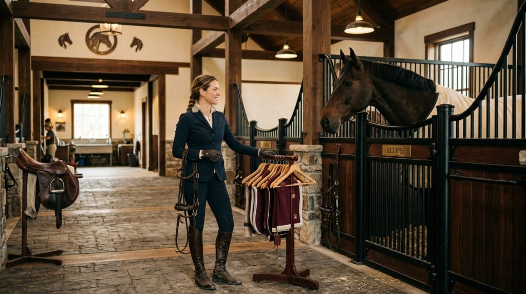 Modern equestrian lifestyle scene: woman in riding attire st
