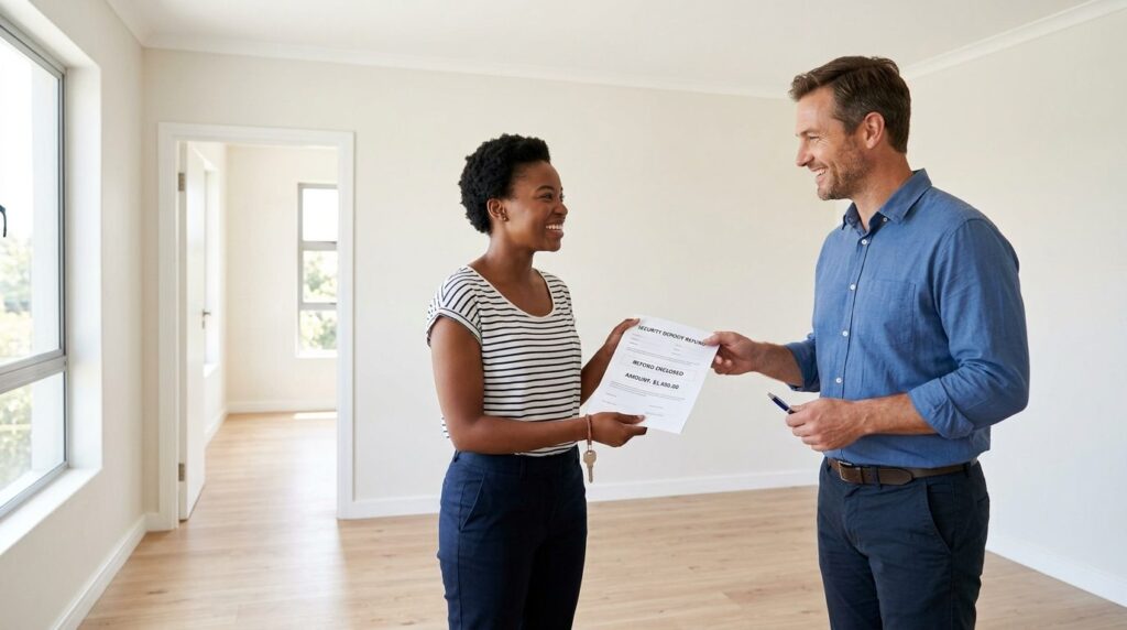 Satisfied tenant receiving security deposit refund document
