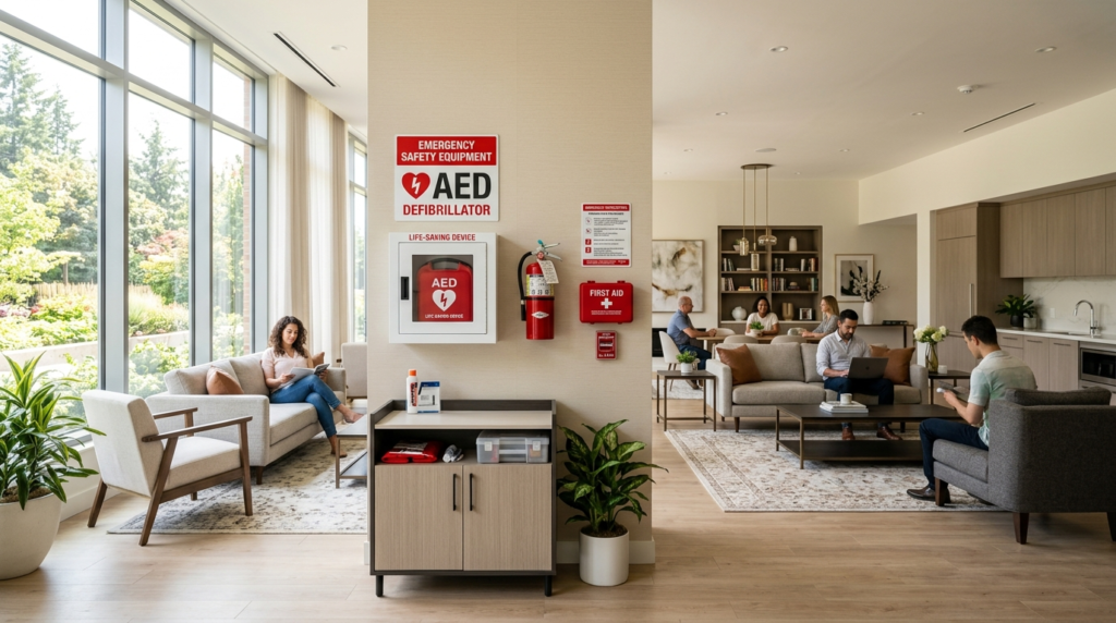 Wide angle lifestyle photo of a modern residential community