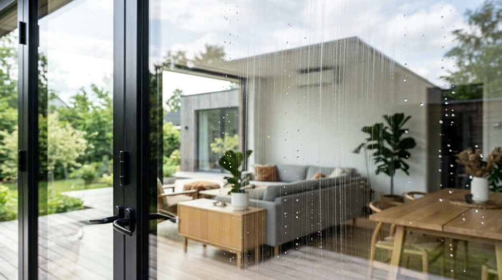 Close-up detail of sparkling clean window panes with water b