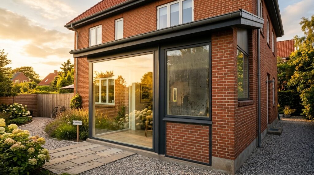 Danish suburban home with freshly cleaned windows catching g