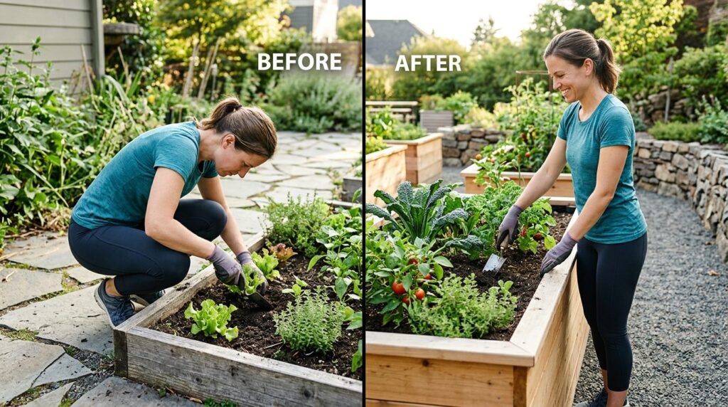 Split comparison lifestyle shot showing gardener in poor pos
