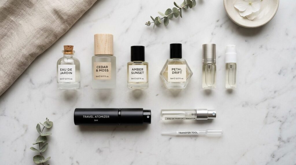 Close-up flat lay of TSA-compliant miniature perfume bottles