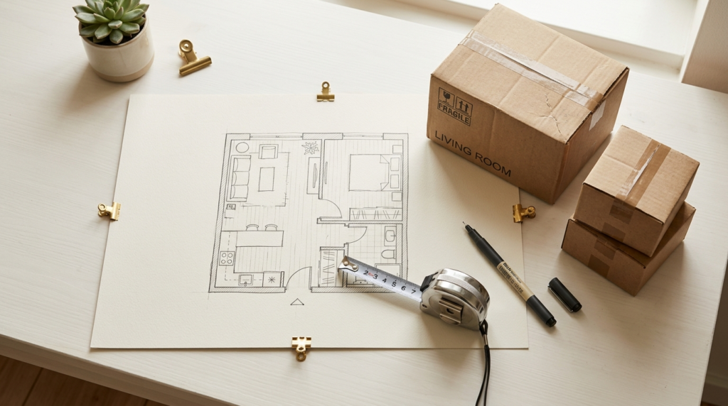 Overhead flat-lay photograph of a small apartment floor plan