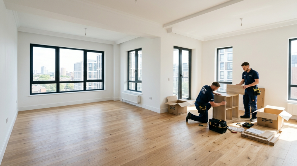 Wide-angle photograph of a spacious, empty unfurnished apart