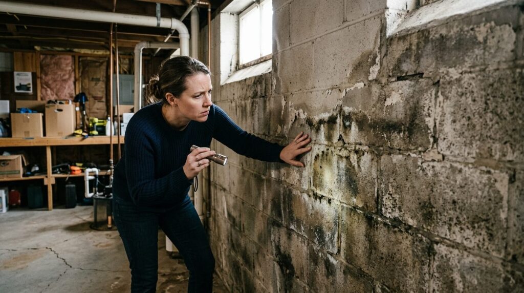 Homeowner inspecting basement wall for signs of moisture dam