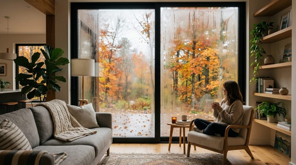 Modern living room with visible moisture condensation on win