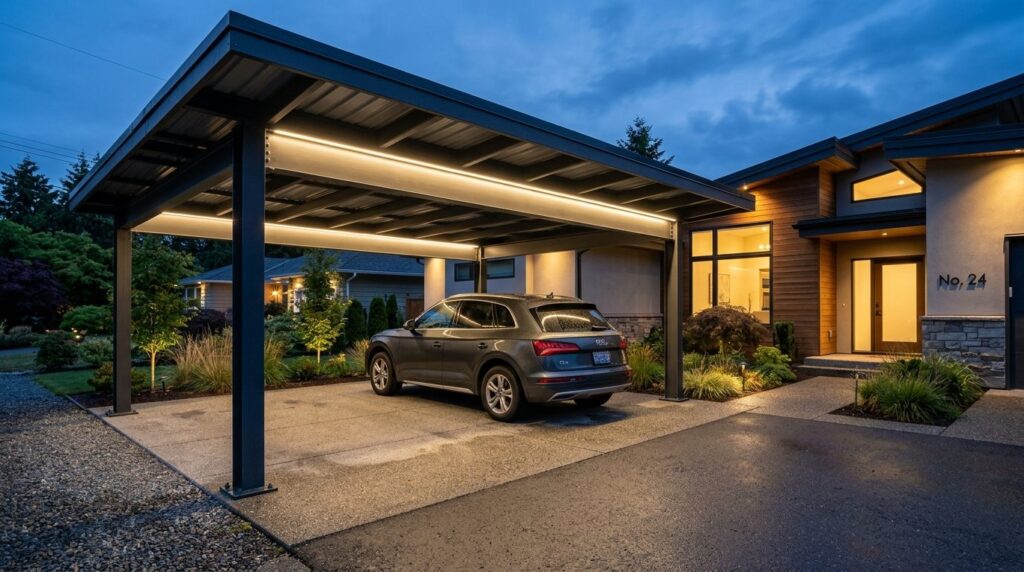 Outdoor carport at twilight with professional LED strip ligh