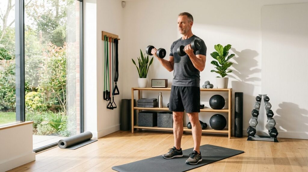 Bright, airy home gym space with natural sunlight, featuring