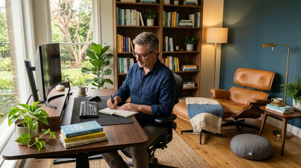 Serene home office and relaxation corner with ergonomic desk