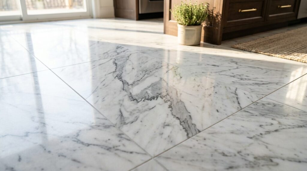 Close-up detail shot of marble floor tiles in a luxury kitch