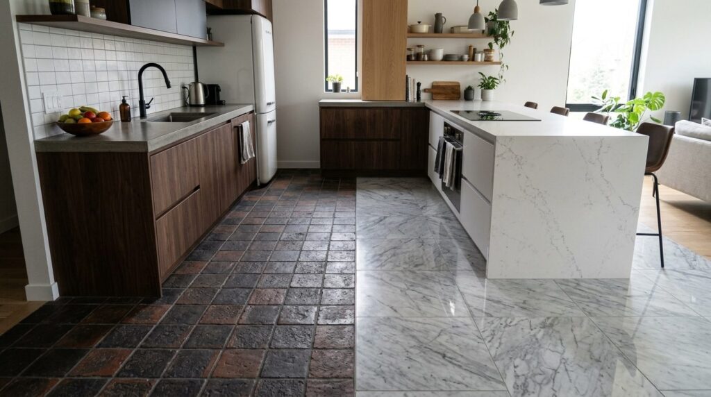Modern kitchen flooring comparison scene showing durable cer