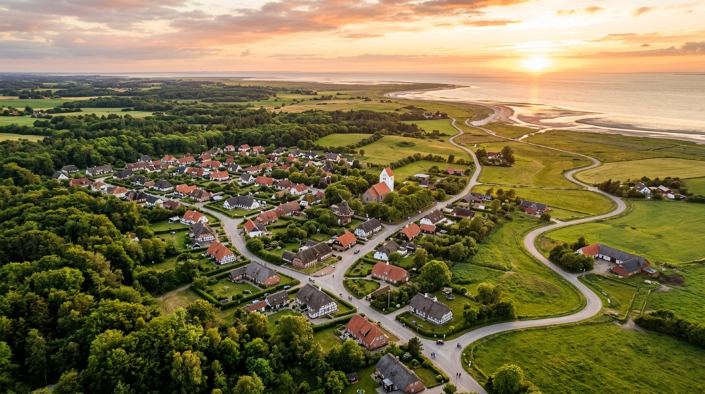 Aerial wide-angle view of a traditional Danish countryside v