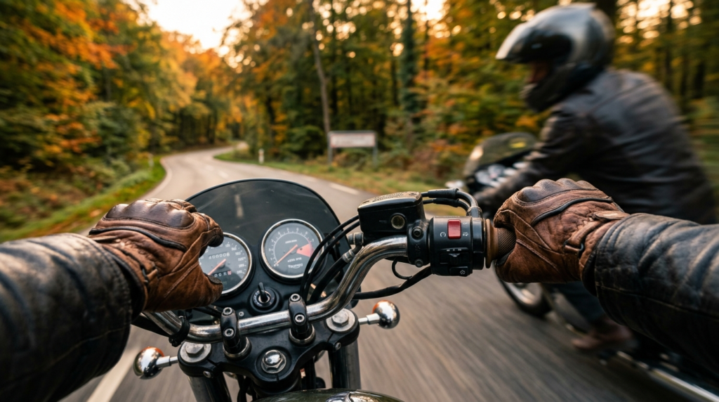 Close-up lifestyle shot of a motorcyclists hands gripping t