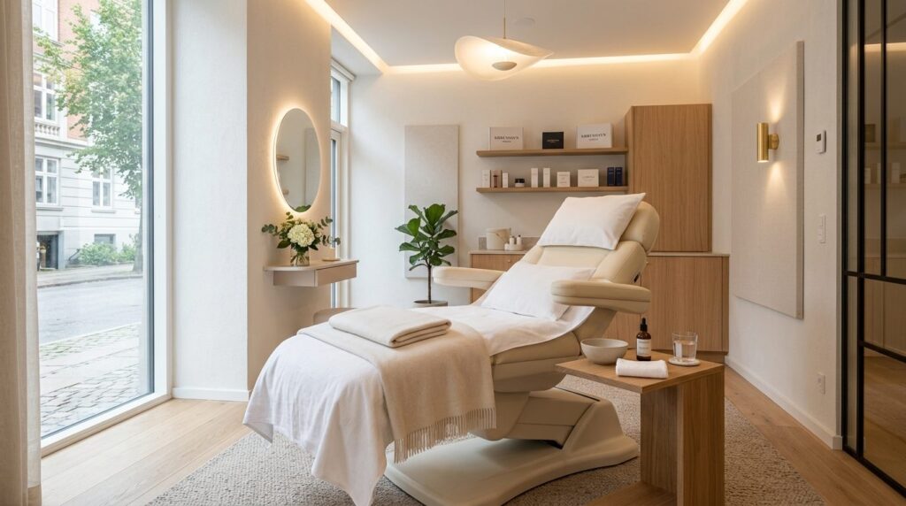 Modern luxury aesthetic clinic interior in Copenhagen, featu