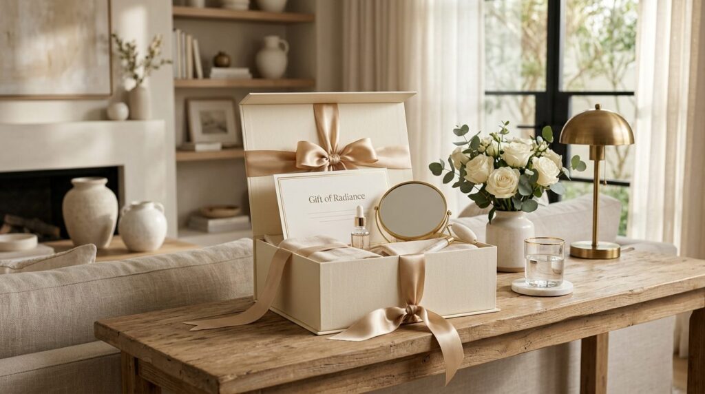 Luxury gift presentation scene for premium Botox experience,