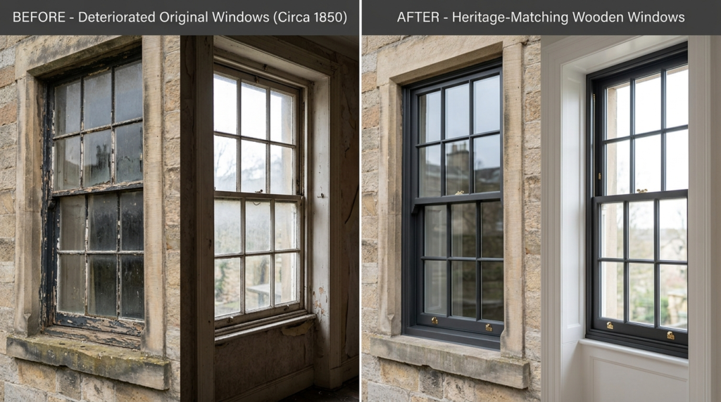 Split-screen comparison showing before and after of a period