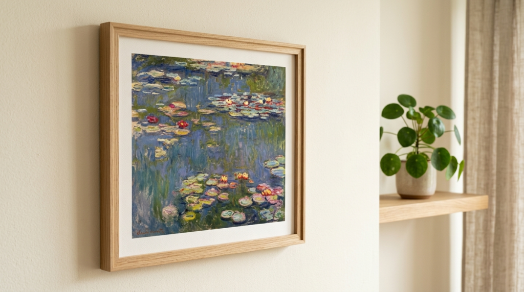 Close-up detail of a beautifully framed impressionist art po