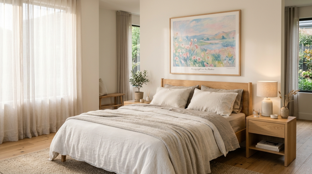 Peaceful bedroom interior with soft linen bedding in neutral