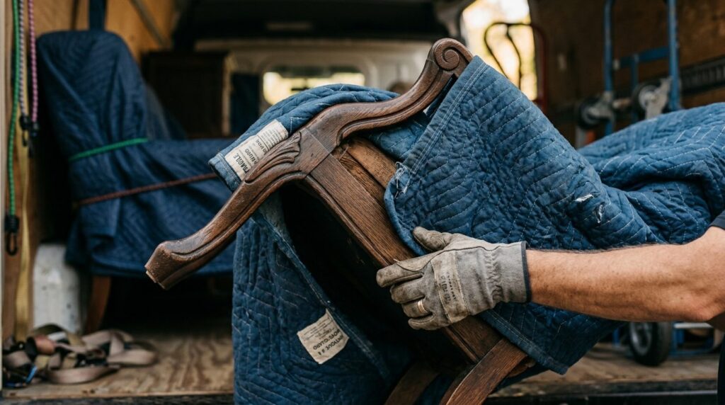 Close-up of hands holding a wooden furniture frame during tr