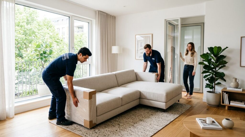 Modern living room with newly delivered designer sofa being 