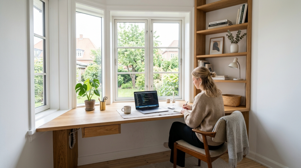 Minimalistisk hjemmekontor med skræddersyet træbord og naturligt lys.