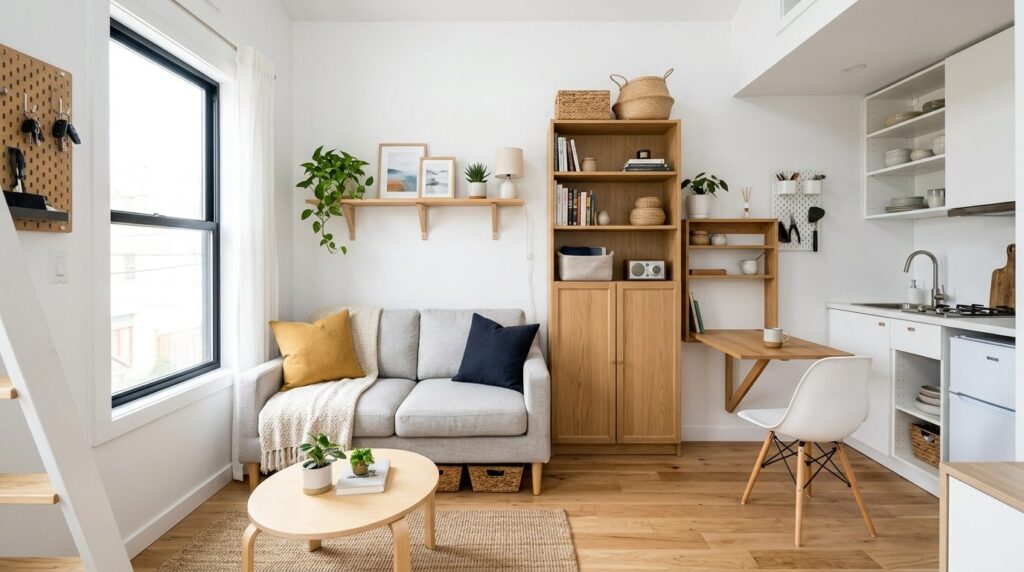 Wide angle interior shot of a tiny living space with a compa