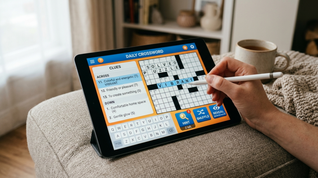 Close-up of a tablet screen showing a colorful, user-friendl