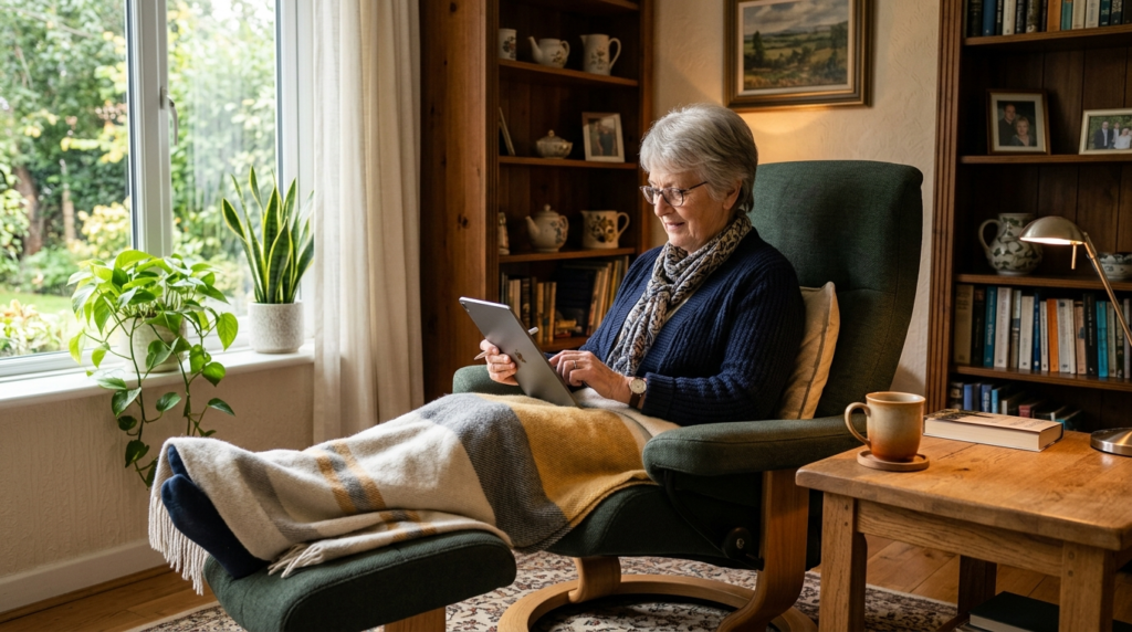 Peaceful living room corner with an elderly person relaxed i