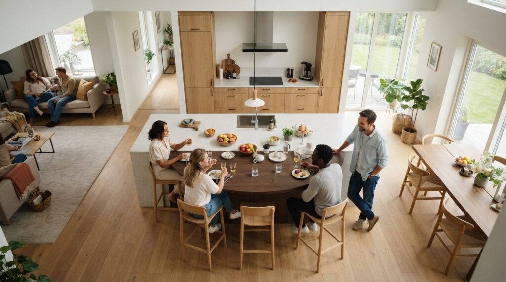 Overhead view of a modern kitchen island functioning as the 