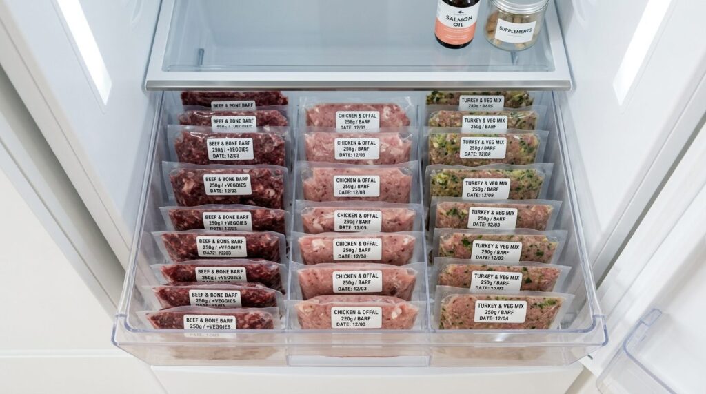 Close-up flat lay photograph of organized raw dog food BARF