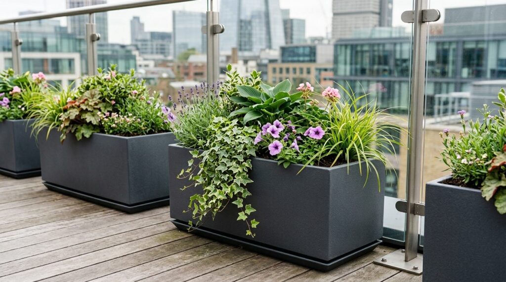 Elegante, lette fiberglasplanterkarry med minimalistisk design på tagterrasse.