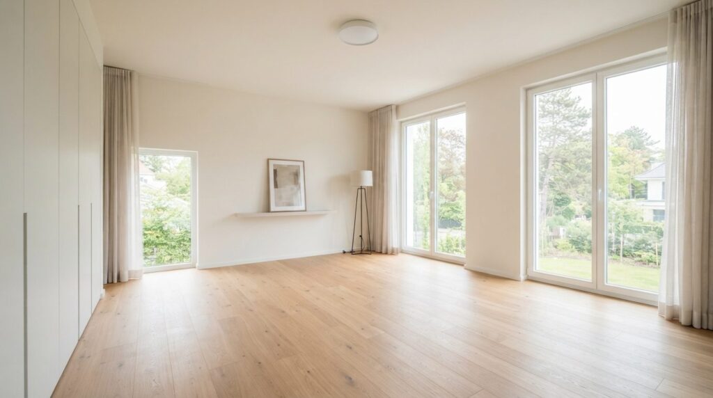 Modern empty bedroom with pristine smooth spray-painted wall