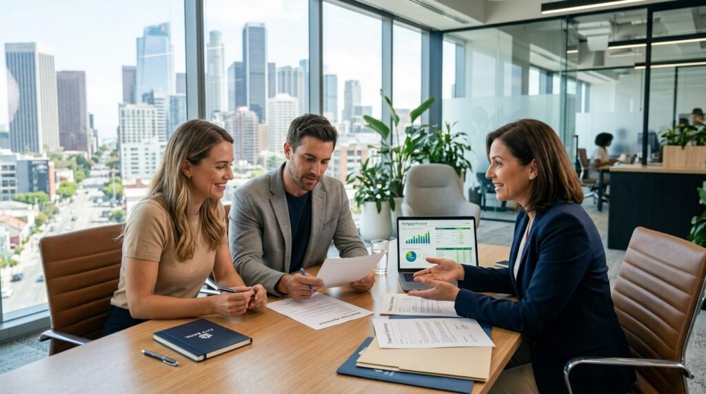 Young couple meeting with bank advisor in modern office, rev