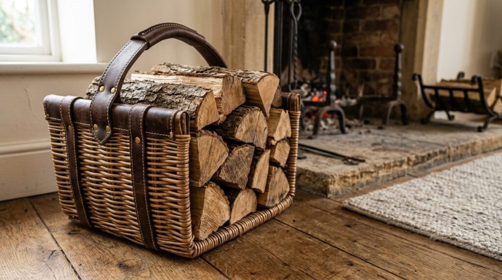 Close-up detail shot of a woven wicker and leather firewood 